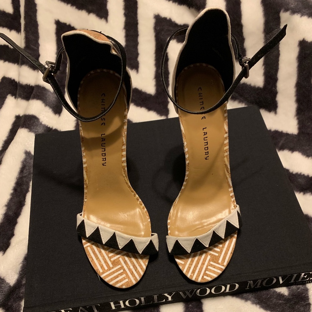 Chinese Laundry tribal print and cork heels.